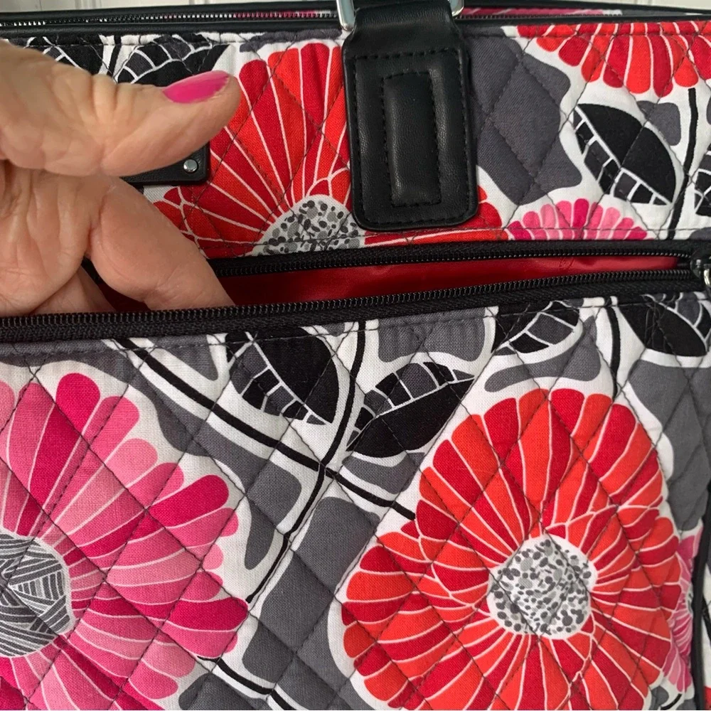 Vera Bradley Pink & Red, Gray, Black & White Floral Tote Bag w/Leather Handles - Picture 3 of 12